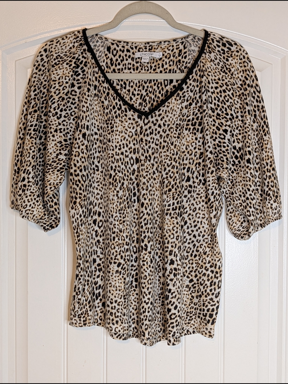 Chico's Leopard Print V-Neck Top with Black Trim